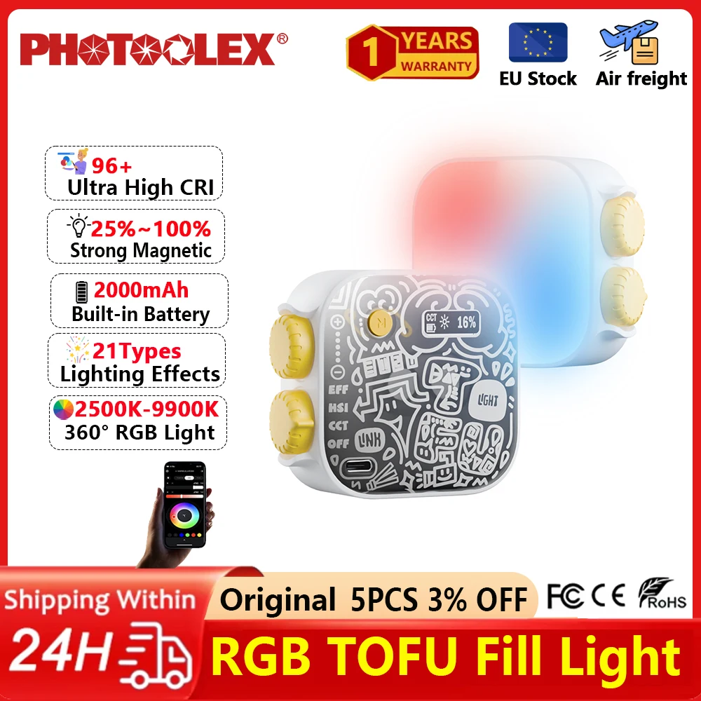 

PHOTOOLEX Мини RGB видеосвет, портативный светодиодный светильник для камеры, панельная лампа 2000 мАч, 2500-9900K для фотосъемки, 21 эффект, для Sony, YouTube