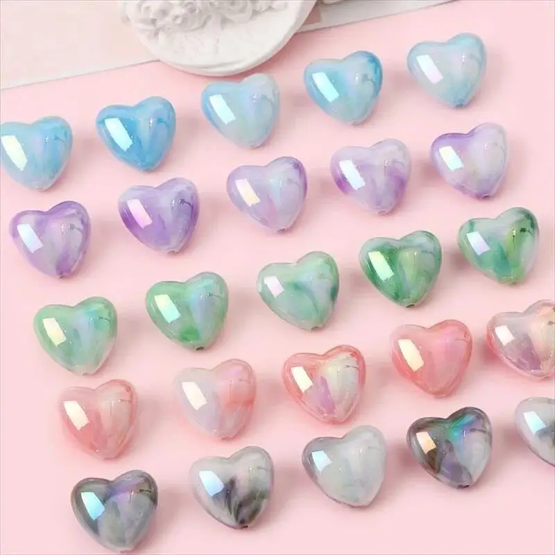 Langmao Girls Acrylic Uv Hologram Heart Shaped Loose Beads Diy Handmade Jewelry Accessories Fresh Sweet Style 18x19mm 2mm Hole