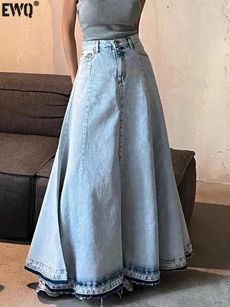 

[EWQ] Burr Edge Design Denim Skirt Women Blue High Waist Fashion Pleated Female Mid-length Skirts 2024 Autumn New 16O901