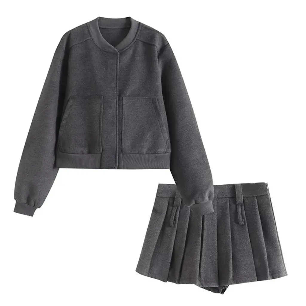 

Women's Spring Autumn Woolen Short Single-Breasted Baseball Uniform Jacket with Double Row Belt Buckle Pleated Skirt Suit