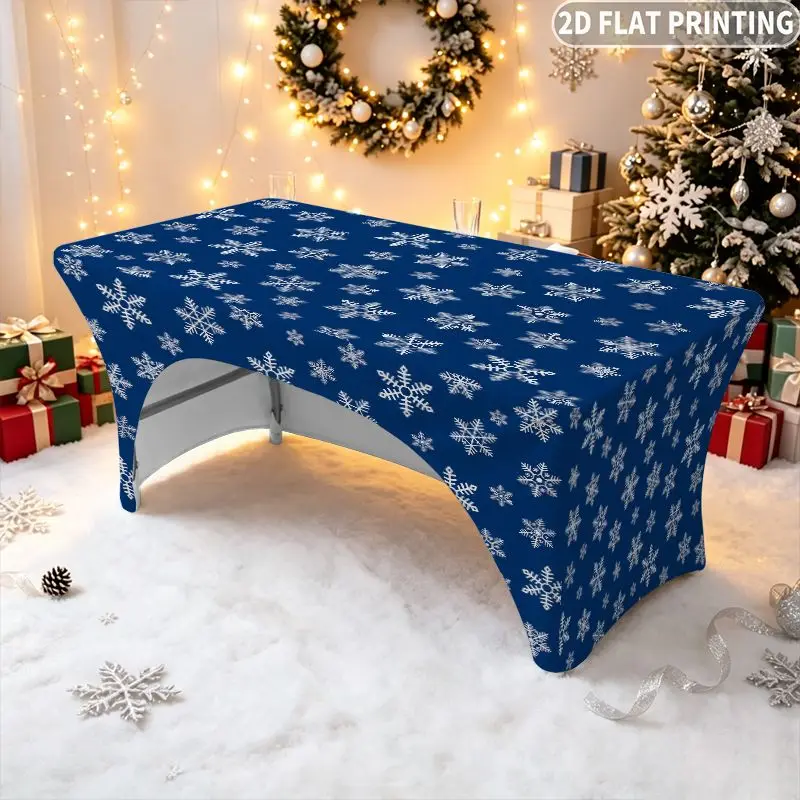 1pc Rectangular Full-Coverage Notched White Snowflakes Stretch Tablecloth, Tablecovers with Arched Back, Ideal as Home Decor