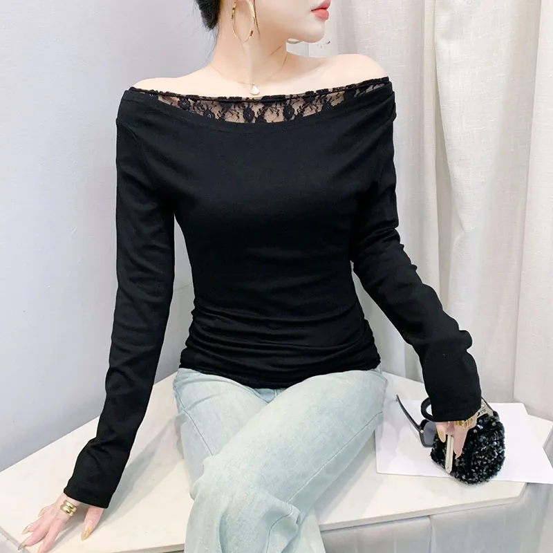 MadBlack-Women European T-Shirt, Sexy Slash Neck Lace Patchwork Top, Streetwear Long Sleeve Slim Mesh Tee, 2025 Spring T51406CC