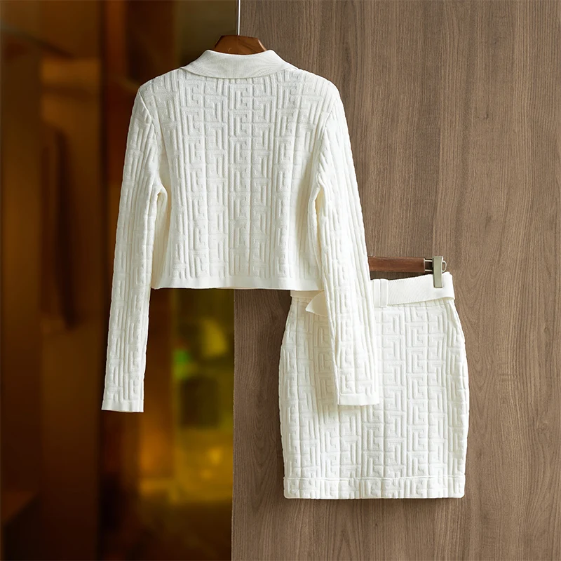 Elegant Design New Fall Slim Fit Notched Sweater Tops Mini Skirt Stretchy Knitted 2 Pieces OL Sets with Belt