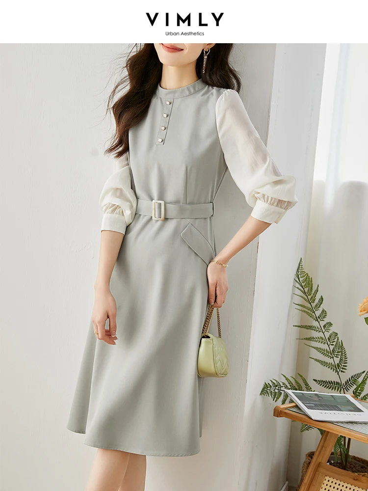 Vimly Elegant Dresses for Women 2024 Spring Stand Collar Belted Waist Slim Patchwork Long Sleeve A Line Midi Dress Office Ladies