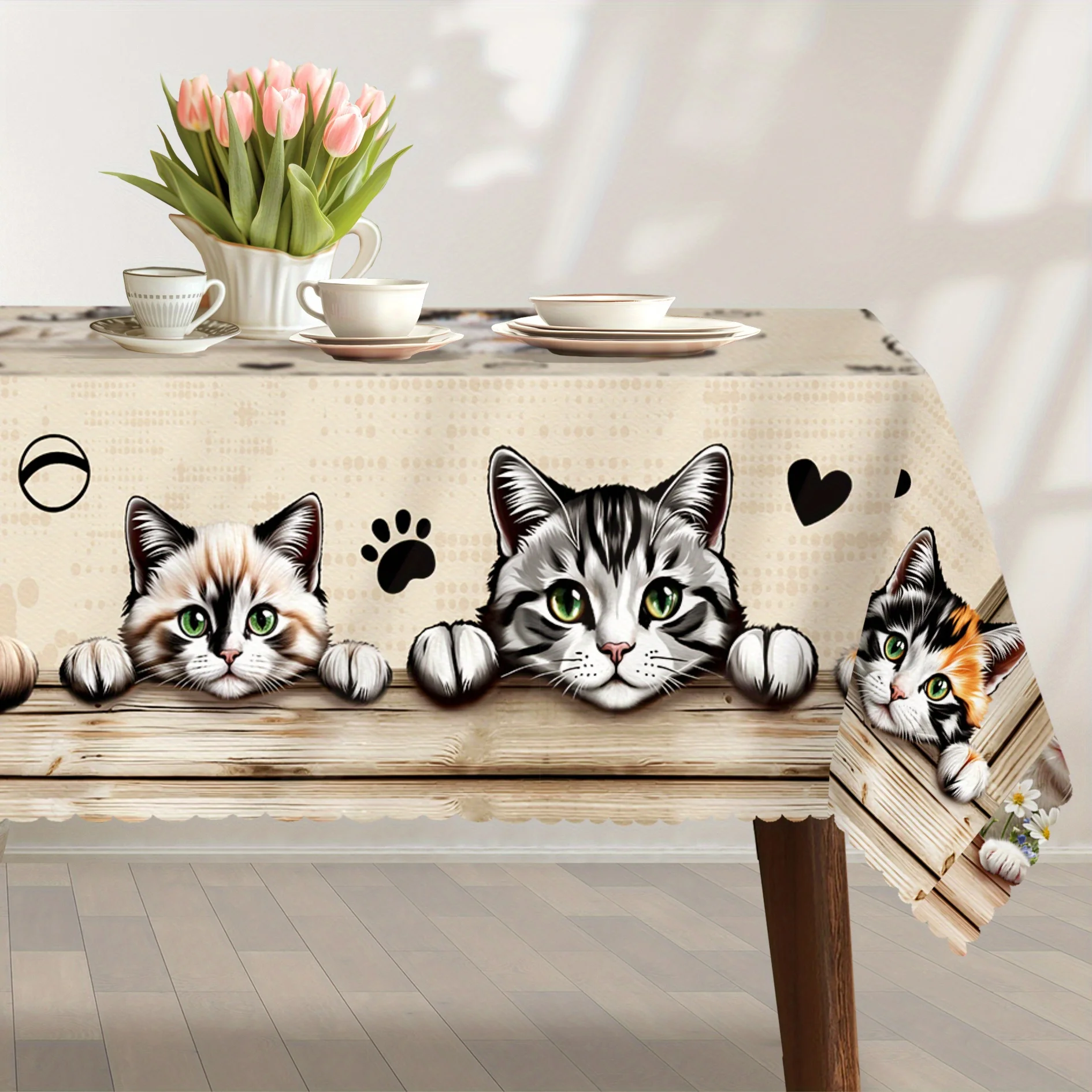 Retro cat paw pattern tablecloth - Cute green-eyed tiger-spotted cat design, with wood-grain pattern designzyc