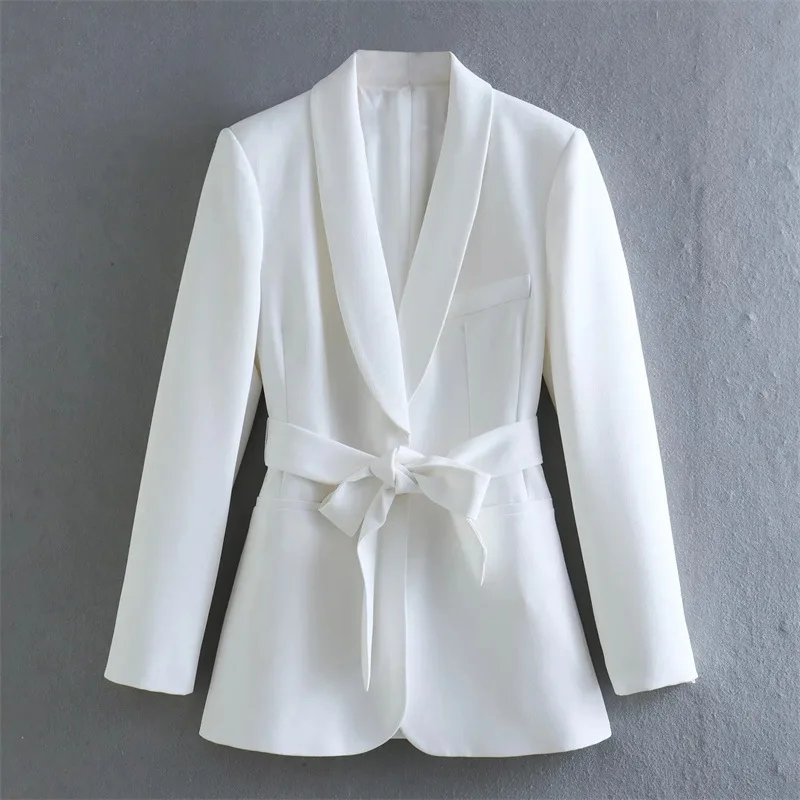 White Women Suit Loose Formal Blazer With Belt Pants Elegant Female Business Work Wear Office Lady Jacket Coat Trousers