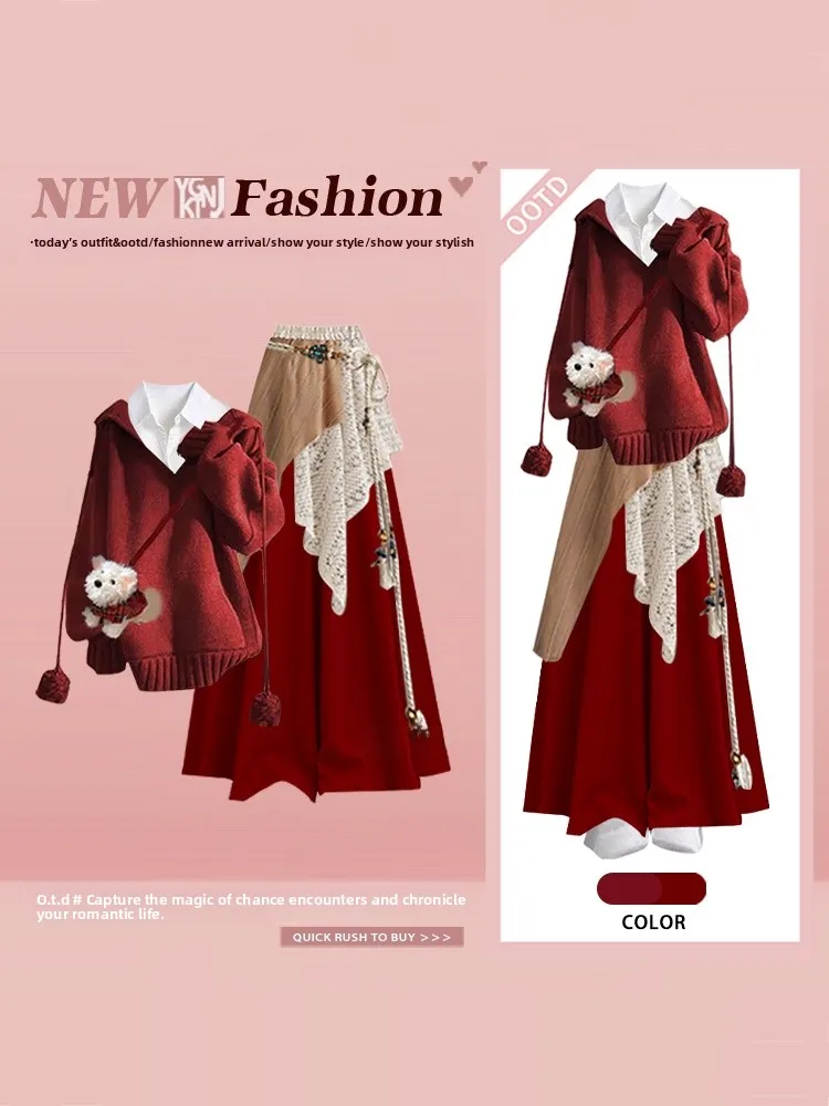

Red Christmas New Year Bohemian Knitted Top Shirt Curtain Skirt Pants Four Piece Set Casual Style Winter Fashion Women's Ense...