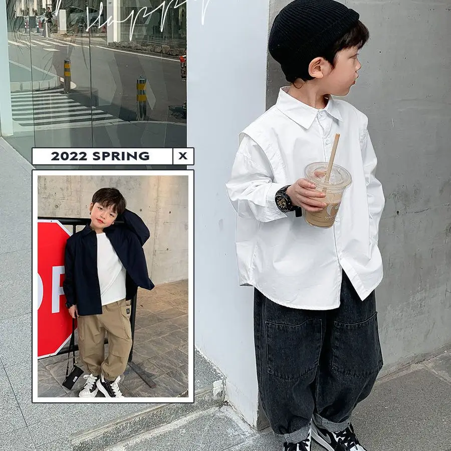 Fashion Children\'s Long sleeve Spring Autumn single-breasted New Boys Pure color Shirt Baby Korean Style Coat clothes Top Jacket