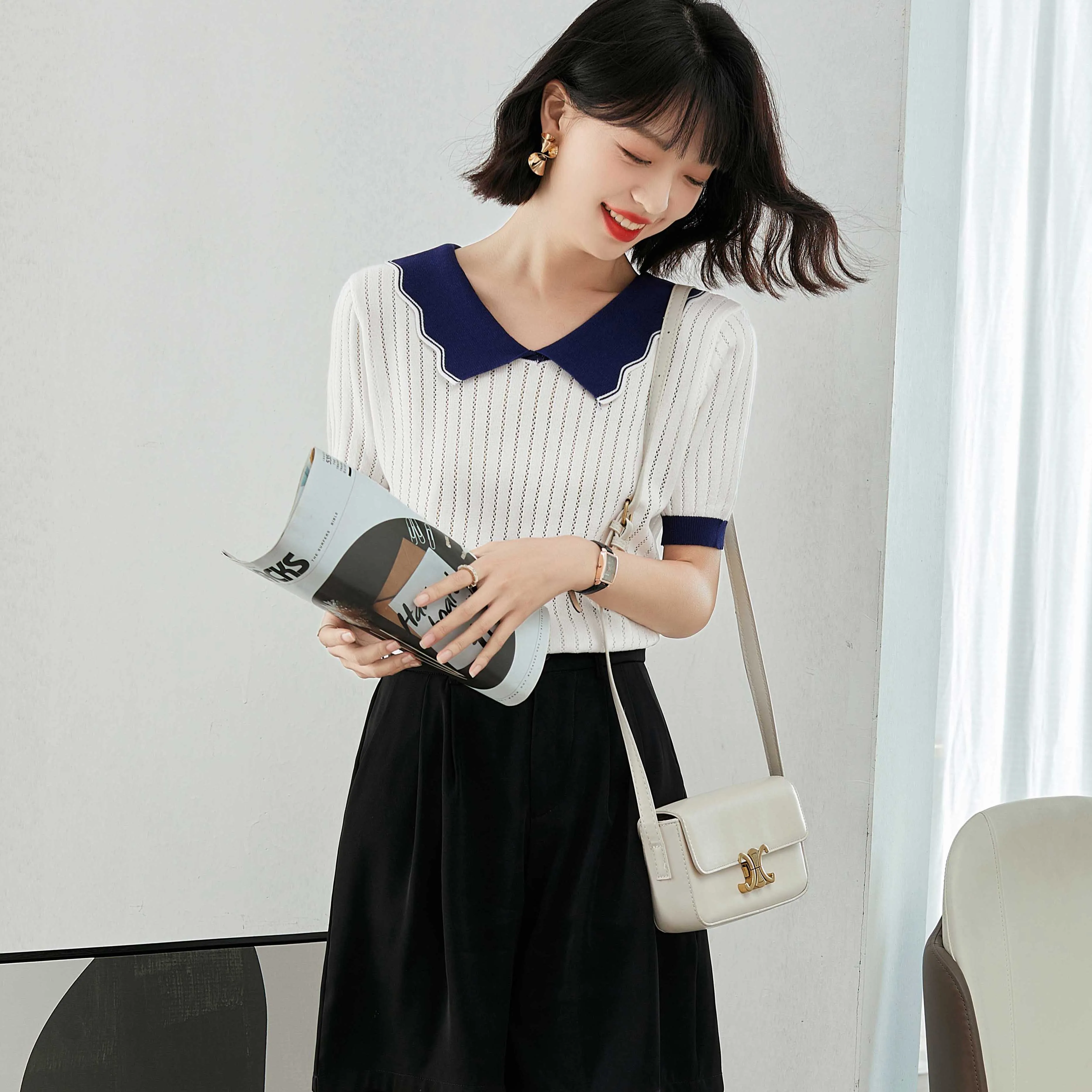 2023 Summer New Versatile Hollow Ice Silk Knitted Sweater Women's Thin Contrast Short Sleeve T-shirt Top Women