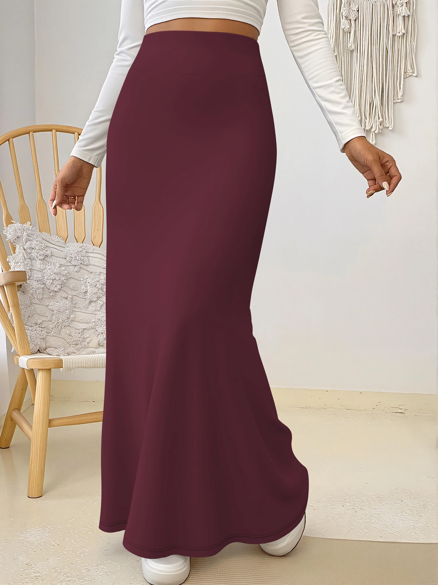 

Wardrobe Staple! High Waist Mermaid Maxi Skirt, Flowy Hem, Stretchy Fabric, Versatile For Layering & Solo Wear