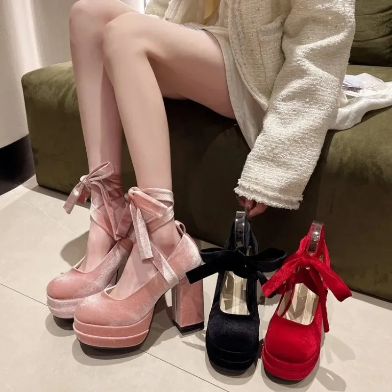 

Mary Jane Shoes Women's Thick Heels Platform Footwear Elegant Dress Pumps Fashion Cross-tied High Heels High Quality Suede Pumps