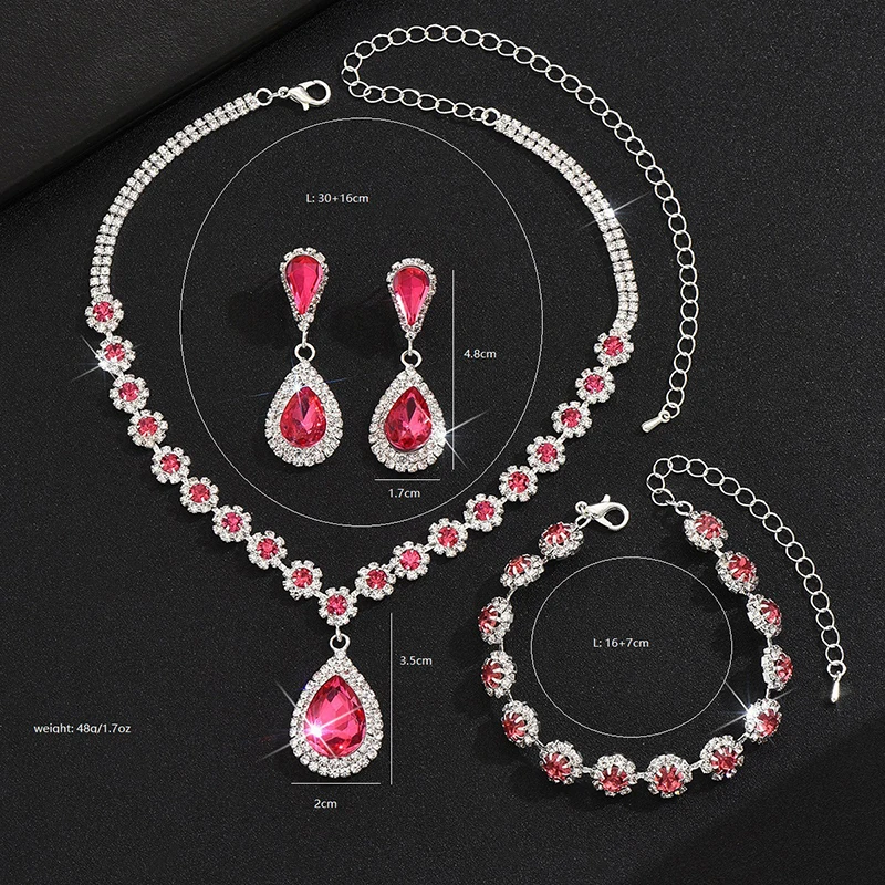 3 Pcs Rhinestone Bracelets Earrings and Necklace sets for Women Luxury Waterdrop Bridal Jewelry set Wedding Costume Accessories