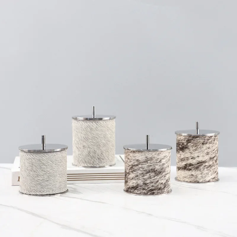 Luxury Fur Texture Storage Jar Stainless Steel Lid Cylinder Canisters Home Living Room Desktop Decor Organizer Nordic Home Decor