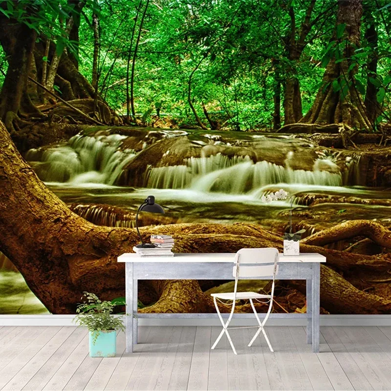 Custom 3D Mural Wallpaper Waterproof Canvas Painting Green Tree Forest Waterfall Photo Background Living Room Bedroom Decoration