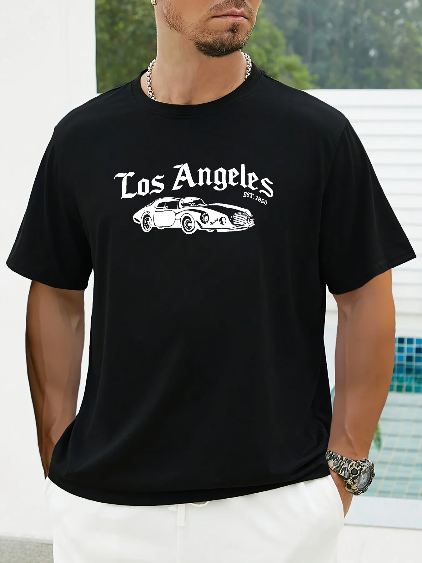 

[Travel] Мужская футболка с рисунком классического автомобиля Los Angeles — 100% хлопок, черная повседневная удобная футболка с винтажным принтом автомобиля, Machi