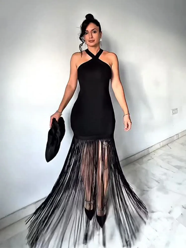 

HH 2026 Summer Women's Fashion Sexy Long Dress Female Elegant Chiffon Cross Neck Off The Shoulder Sleeveless Halter Party Dress