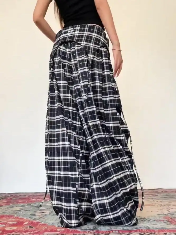 Calças xadrez casuais femininas originais americanas rua carta bordado camadas finas sle verão commute calças de perna larga