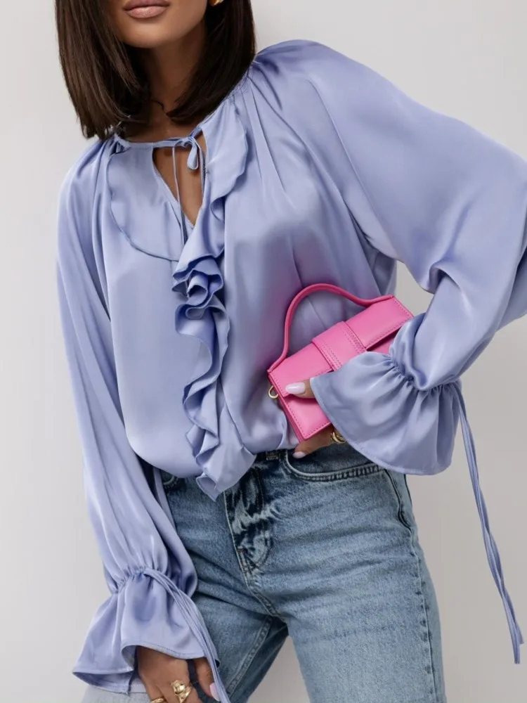 

New Summer Elegant Women Lace Up Ruffle Satin Long Sleeve Blouse, Casual Dressy V Neck Loose Shirt Tops, Chic Women Clothes 2026