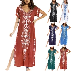 Dresses for Women Summer Short Sleeve V-Neck Casual Beach Sundress Ethnic Floral Print Long Boho Midi Dress Costume Dresses