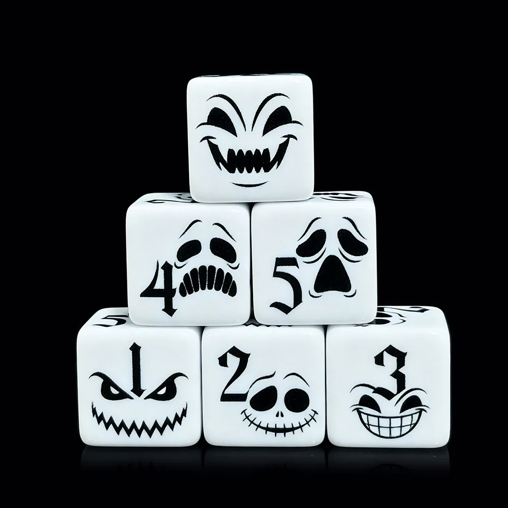 12Pcs Halloween Horror Ghost Face D6 Dice 16mm White Acrylic Six Sided Tabletop Dice For DND RPG Board Game Halloween Party Dice