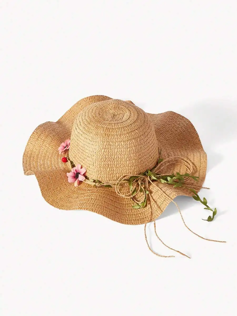 

Womens Straw Sun Hat With Floral Decoration Wavy Brim Beach Vacation Hat