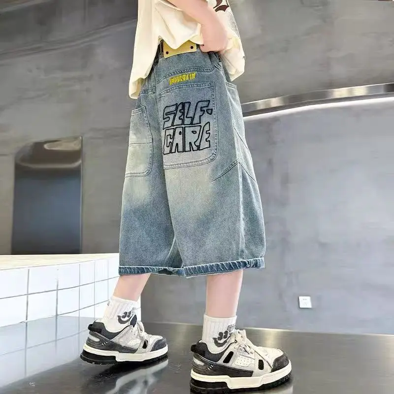 Korean Style Tweens Boy Summer Fashion Denim Shorts with Letters Casual Loose Straight Jeans Capris Calf Pants 4-15 Years