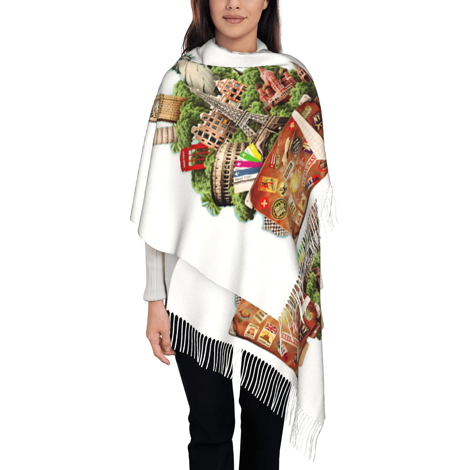 Custom Print Global World Landmark Vintage Travel Suitcase Print Scarf  Men Women Winter Fall Warm Scarves  Shawl Wrap