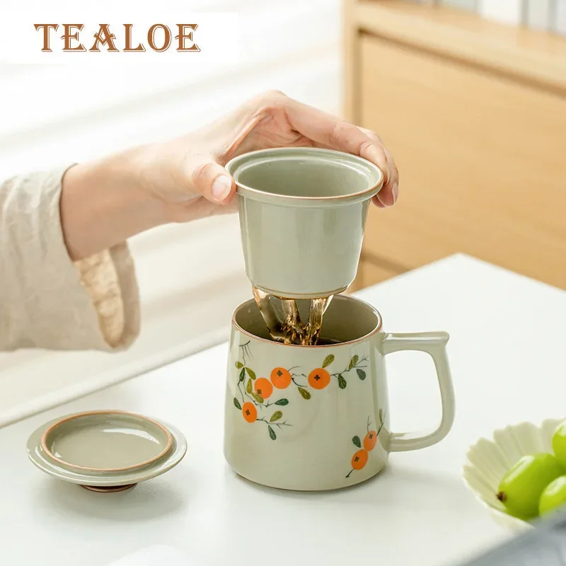 

310ml Pure Hand-painted Persimmon Ceramic Teacup Tea Separation Mug with Handle Personal Brewing Water Jug Home Office Drinkware