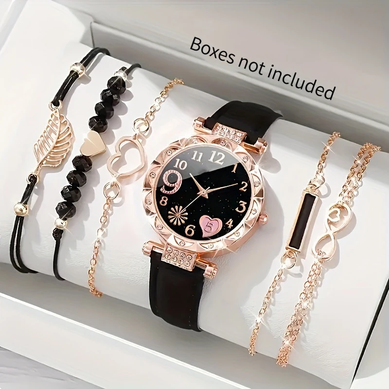 6PCS/Set Popular Women Quartz Watch Set Diamond Decorated Leather Belt Bracelet Stylish MultiFunctional Watchwrist Student Gifts