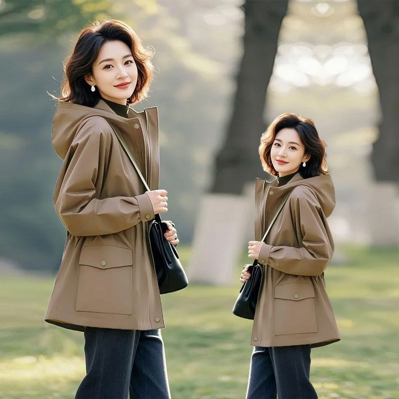 

Women Windbreaker 2025 New Autumn Casual Hooded Trench Coat Korean Loose Large Size Purple Windbreaker Outwear Zippe Jacket