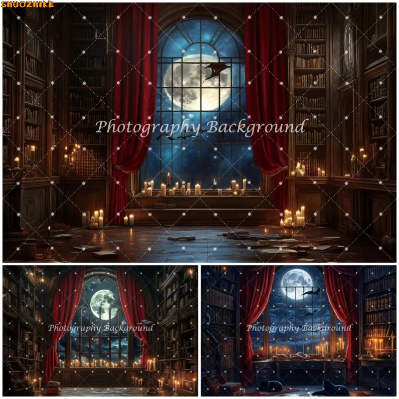 

Happy Halloween Vintage Library Photography Backdrop Moon Night Red Curtain Baby Photo Photographic Background Party Room Decors