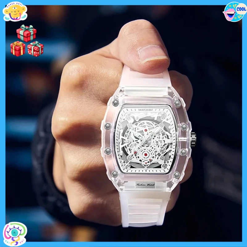 

Fashionable Couple Watches Luminous Calendar Silicone Strap Tonneau Transparent Case Quartz Watch for Men and Women