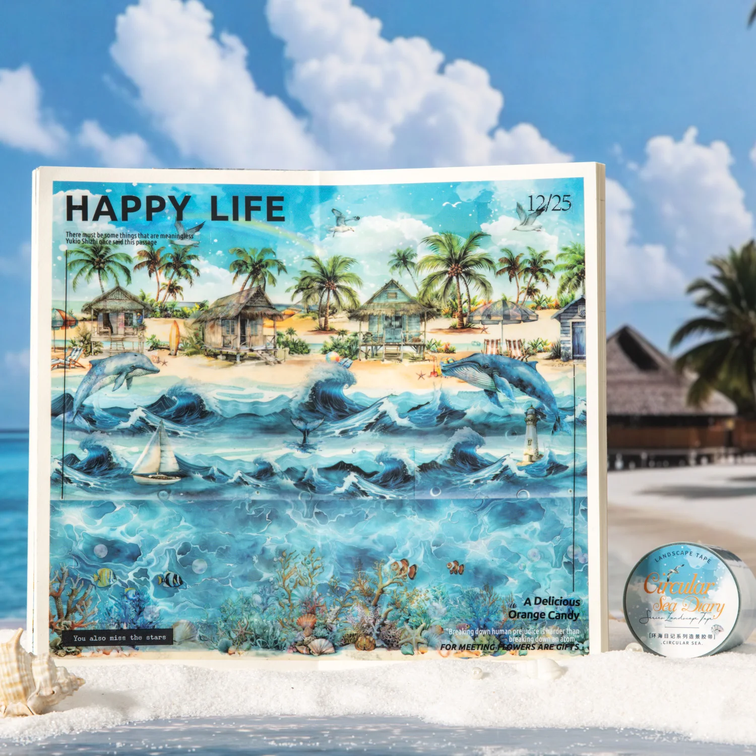 1 Roll Summer Seascape Diorama Washi Tape for Scrapbooking, DIY Decoration, Phone Case Notebook Journal tape, Collage Material