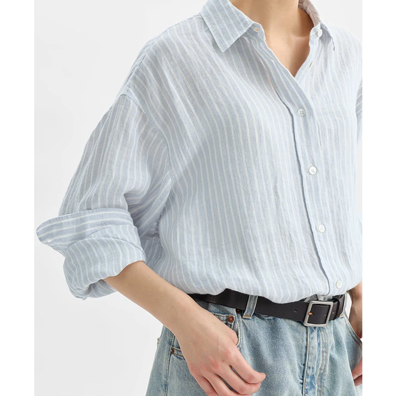 The Same Fabric Used by Big Brands~Not Mass-Produced! Long-Fiber Yarn-Dyed Linen and Ramie Blend Fabric, Women's Striped Long-Sleeve Shirt, Secondary Washing Process