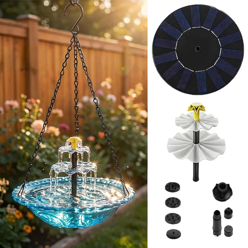 1pc Solar Garden Hanging Bird Bath Fountain 3 Layers Outdoor Hanging Birdbaths With Solar Fountain With Solars Pump & Glass Bowl