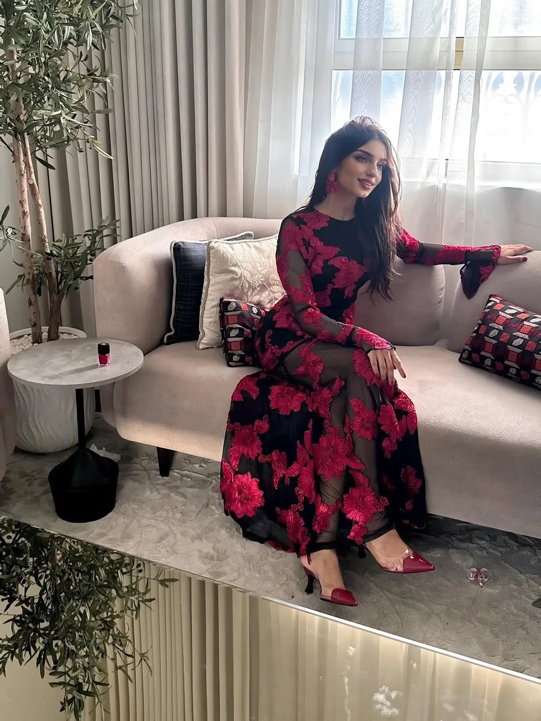 DSMTRC Frauen Lange Flare Hülse Sexy Party Kleider Luxus Gestickte Blumen Mech Patchwork Sheer Elegante Mantel Meerjungfrau Vestidos