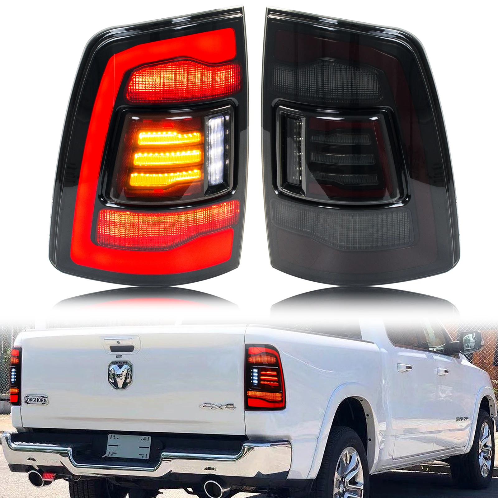 LED Tail Lights Assembly for Dodge Ram 1500 2500 3500 2009-2018 Sequential Yellow Blinker Dynamic Animation Black Rear Lamps