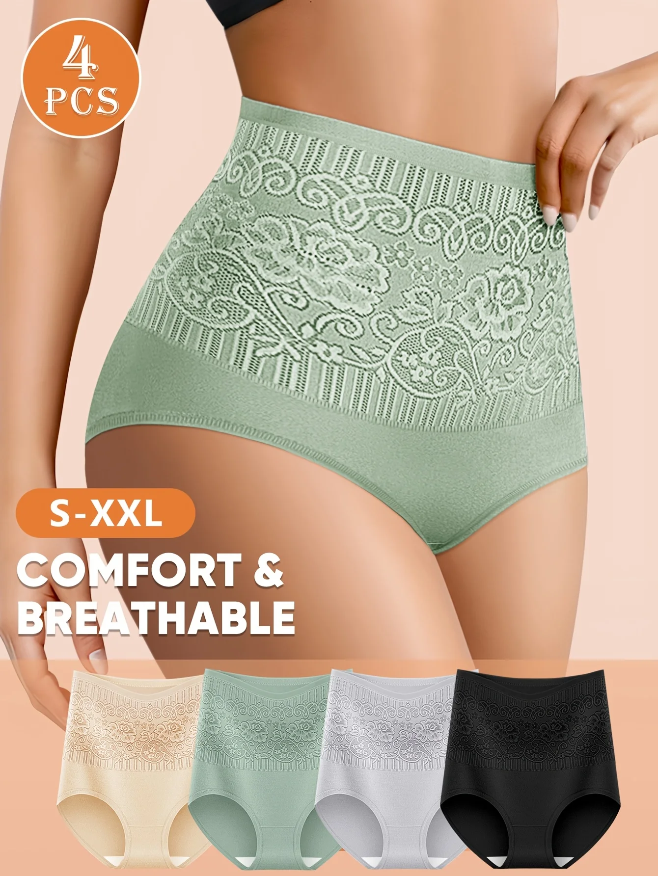 

4pcs MIOTAN Women's High-Waist Floral Lace Briefs - Comfortable & Breathable, Tummy Control, Assorted Colors (Beige, Light Green