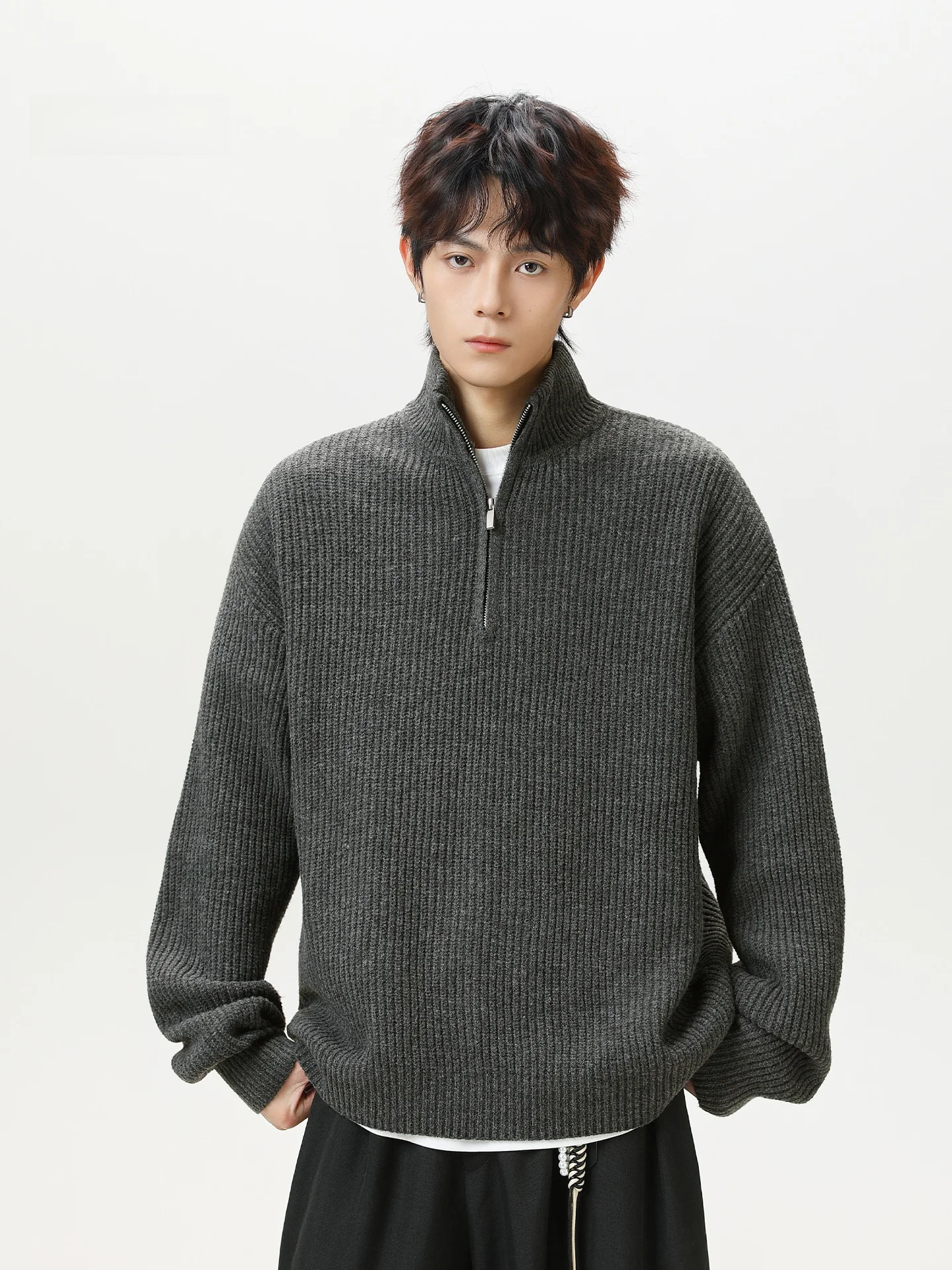 

American Retro f Zip Sweater Men's Autumn Thiened Lazy High-End Casual Stand Collar Knitted Wear Inner irt