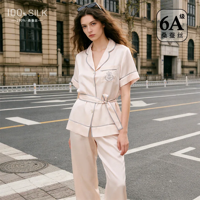 19 Momme 100% Mulberry Silk Short Sleeve Women Pajama Set Solid Lapel Tops & Pants Sleepwear Comfortable Nightwear and Home Wear