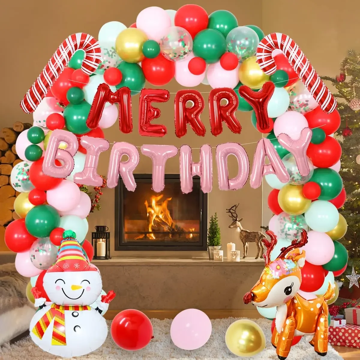 

Christmas Themed Birthday Decorations, Merry Birthday Banner, Pink, Red, Green Balloon, Garland Kit, New Year Party