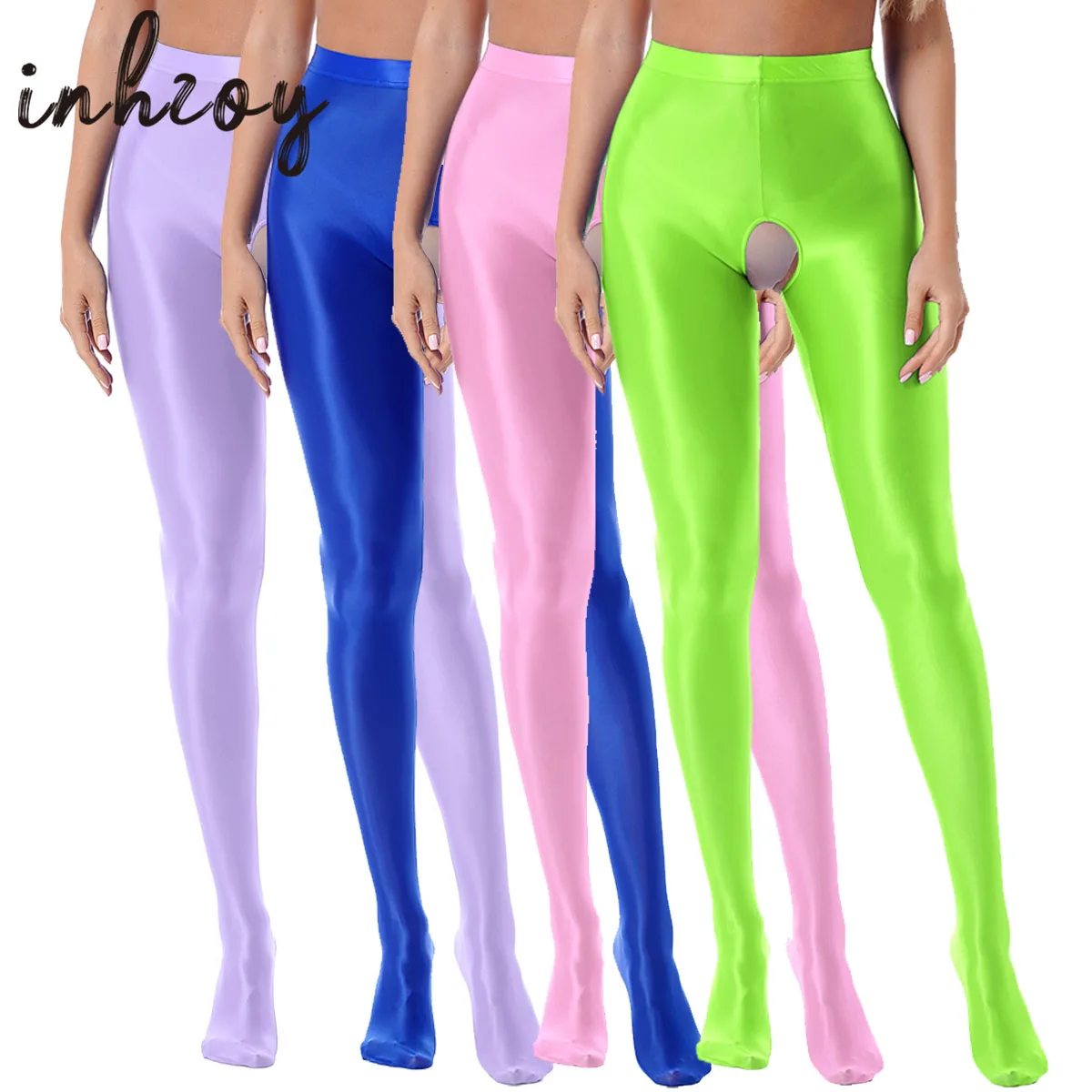 

Womens Glossy Crotchless Pantyhose Pants Oil Shiny Opaque Silky High Waist Tight Leggings Stretchy Stockings Clubwear Nightwear