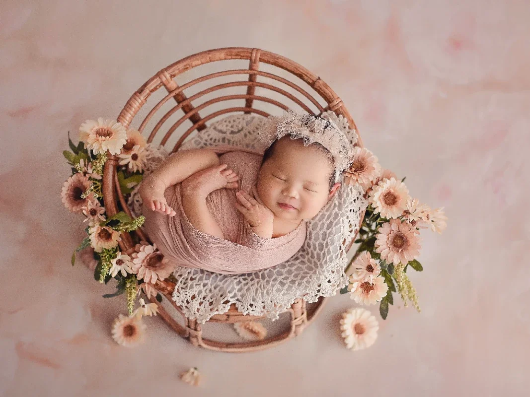 Newborn Photography Props Florals Vintage Rattan Round Posing Cribs Theme Set Fotografia Accessories Studio Photo Shoot Prop