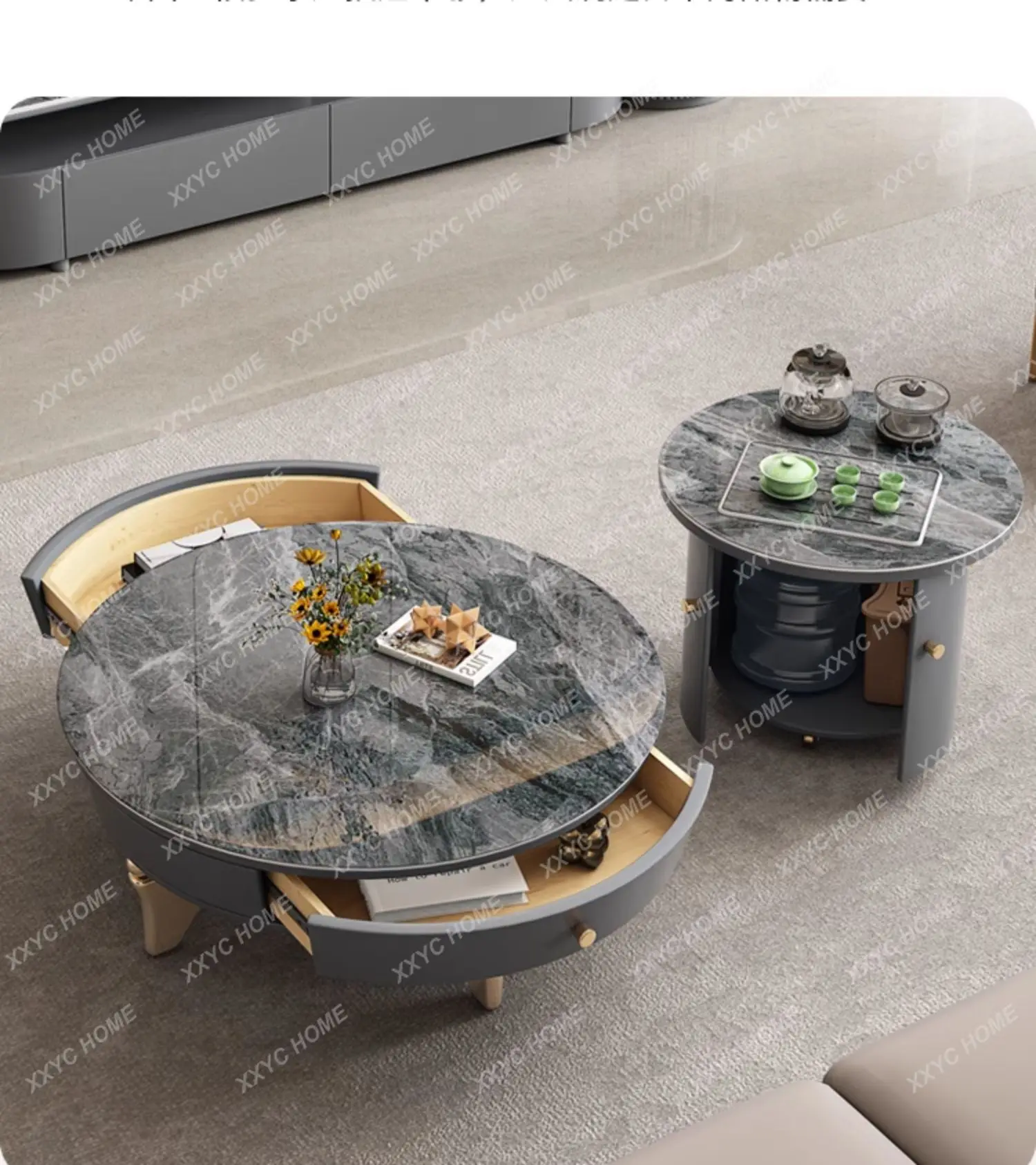 

Modern Light Luxury Living Room Size round Coffee Table Combination Simple Stone Plate Kung Fu Coffee Table Tea Table One