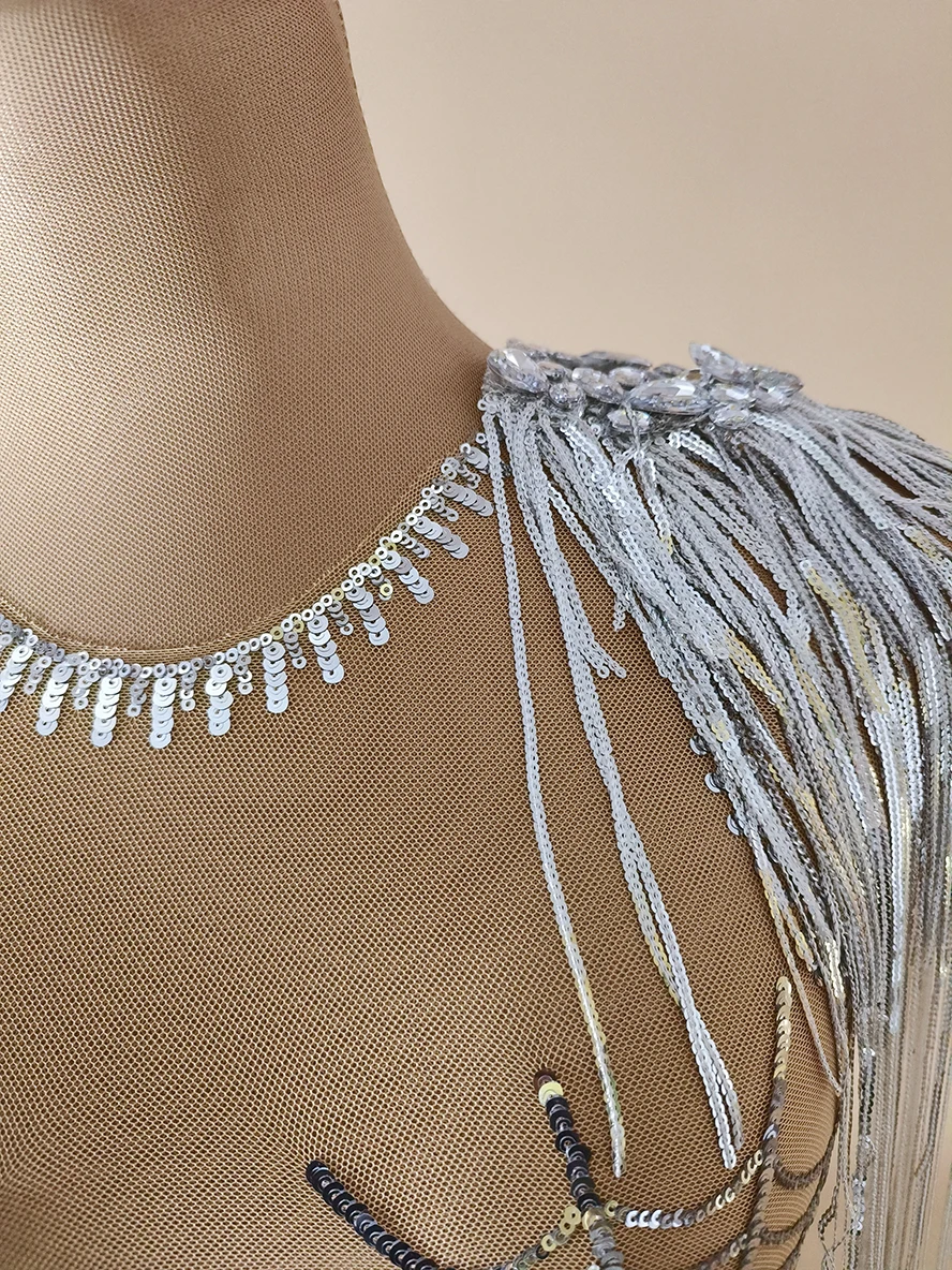 2025 Sequin Tassels Bodysuit Adult Women Jazz Dance Performance Clothing Stretch Jumpsuit Nightclub Gogo Dancer Costume yj335