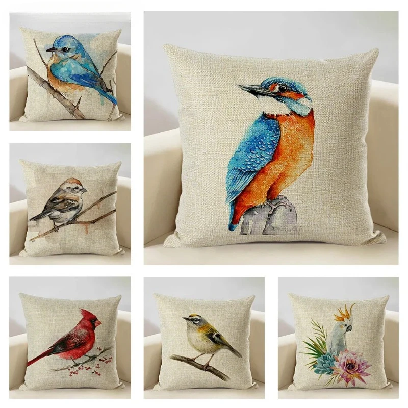 Watercolor Animal Bird Home Sofa Pillow Case Kingfisher Printed Decoration Pillowcas 45x45cm Linen Cushion Cover