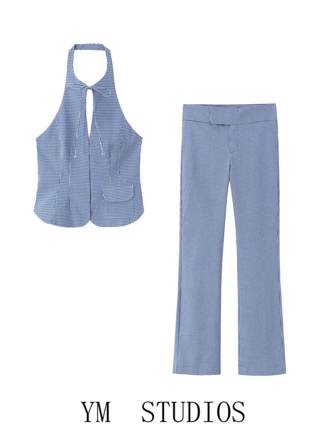Blue Polka Dot Neck Hanging Vest Top Women's Slimming Workwear Flared Pants Two-Piece Set High Waist Business Office Outfit