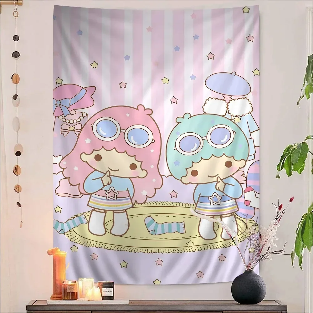 Sanrio Gemini Twin Stars Bunter Wandteppich, Wandbehang, Hippie-Blumen-Wandteppiche, Wohnheim-Dekoration, Wanddekoration, Kawaii-Raumdekoration
