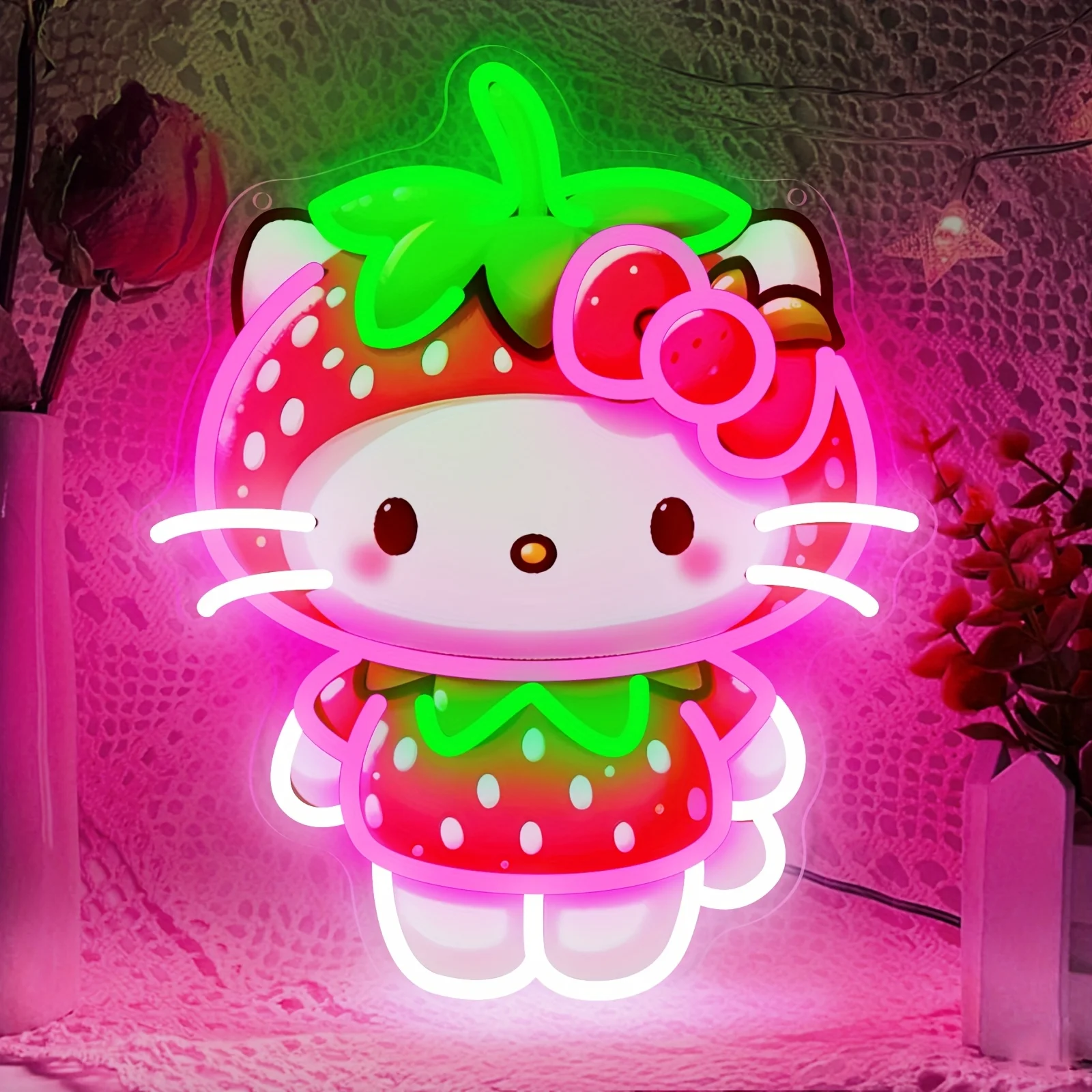 

Светодиодная неоновая вывеска Hello Kitty Strawberry Dimmbale: милый декор для комнаты девочки, спальни, кондитерской, настенный декор, подарки