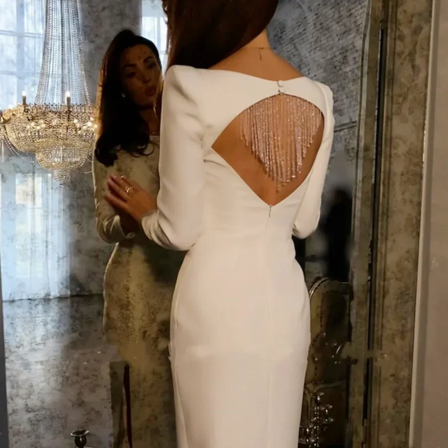 Vestidos de Noche formales elegantes con espalda abierta y borlas, vestido de invitados de boda para mujer, vestido sencillo de manga larga personalizado 2025